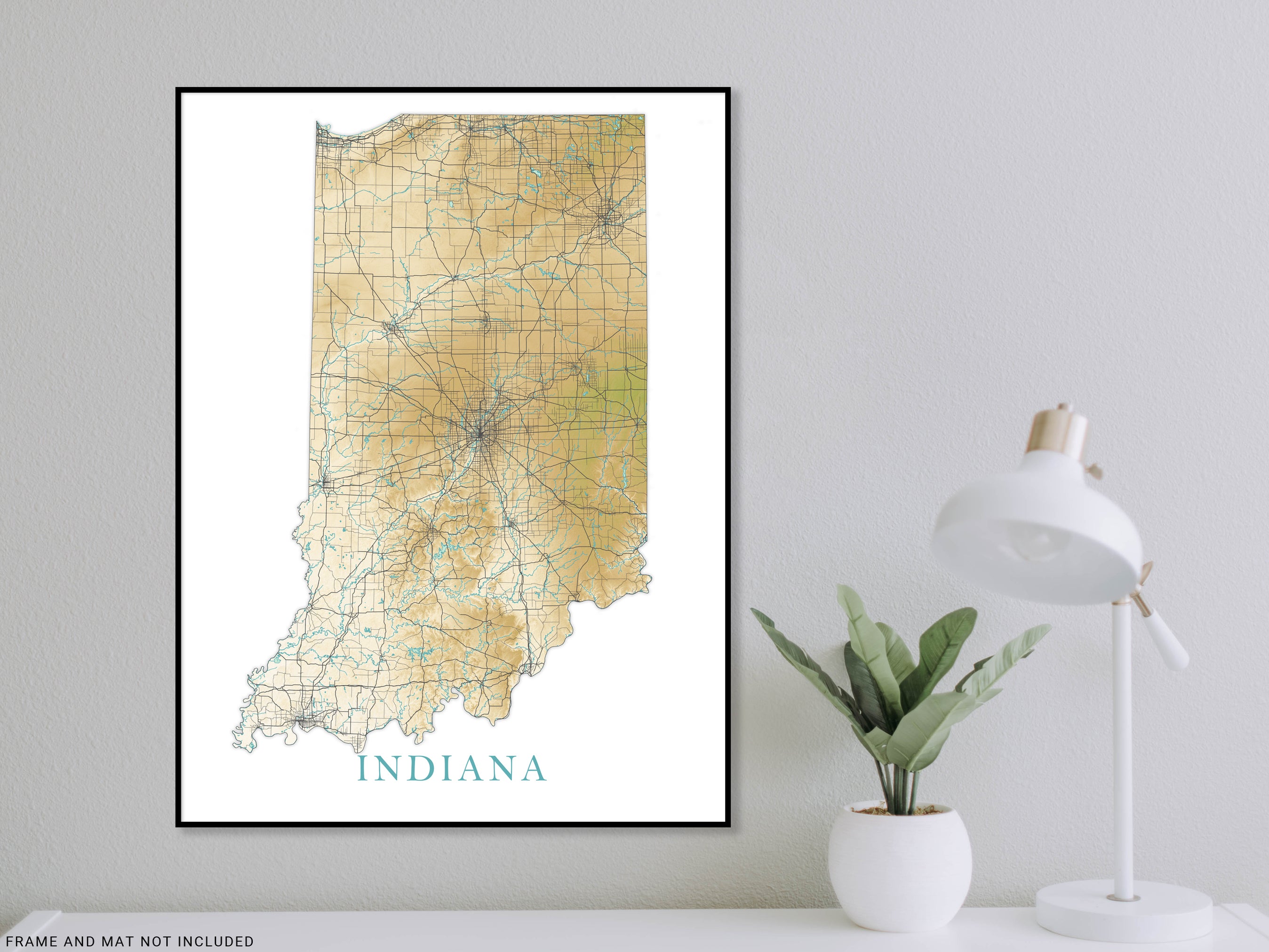 Indiana State Map Print Poster, Topographic Landscape Art Road Maps fo ...