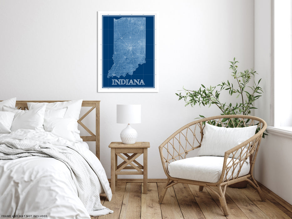 Indiana state blueprint map art print designed by Maps As Art.