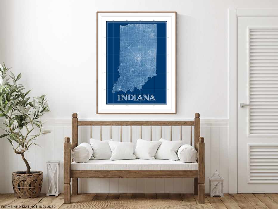 Indiana state blueprint map art print designed by Maps As Art.
