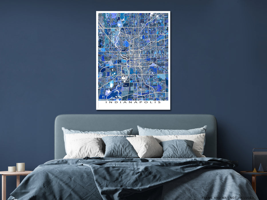 Indianapolis, Indiana map art print in blue shapes designed by Maps As Art.