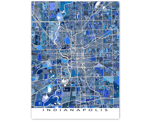 Indianapolis, Indiana map art print in blue shapes designed by Maps As Art.