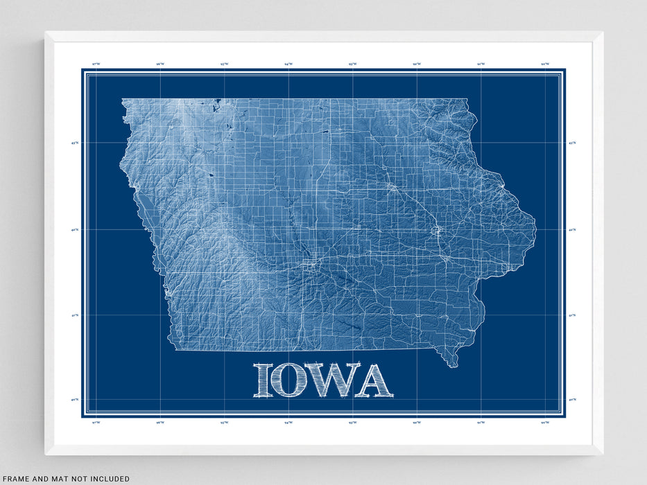 Iowa State Map Wall Art Print Poster with Blue Patent Blueprint Style ...