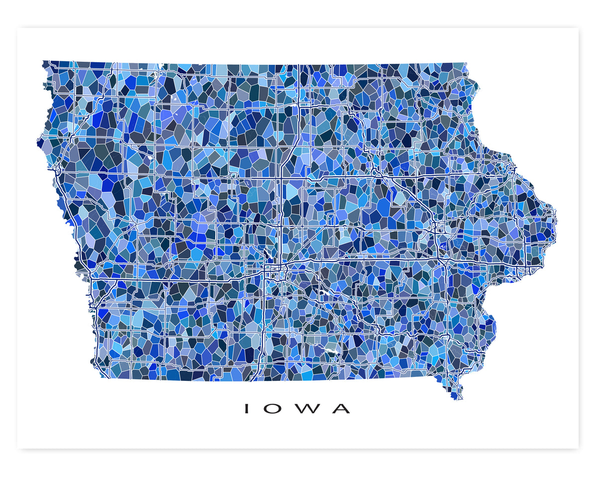 Iowa State Map Wall Art Print Poster with Blue Geometric Design — Maps ...