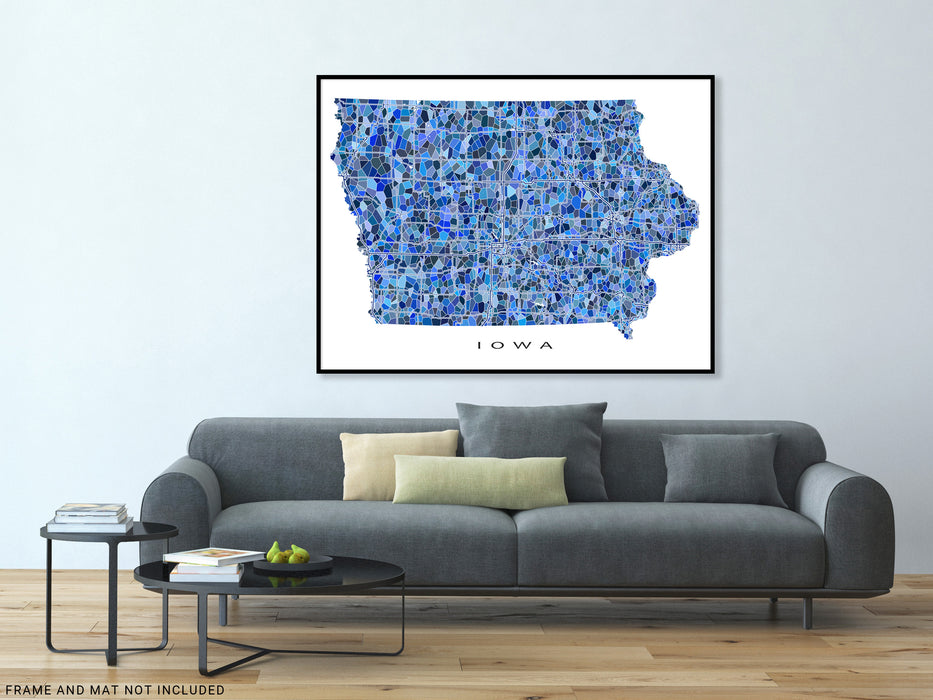 Iowa State Map Wall Art Print Poster with Blue Geometric Design — Maps ...