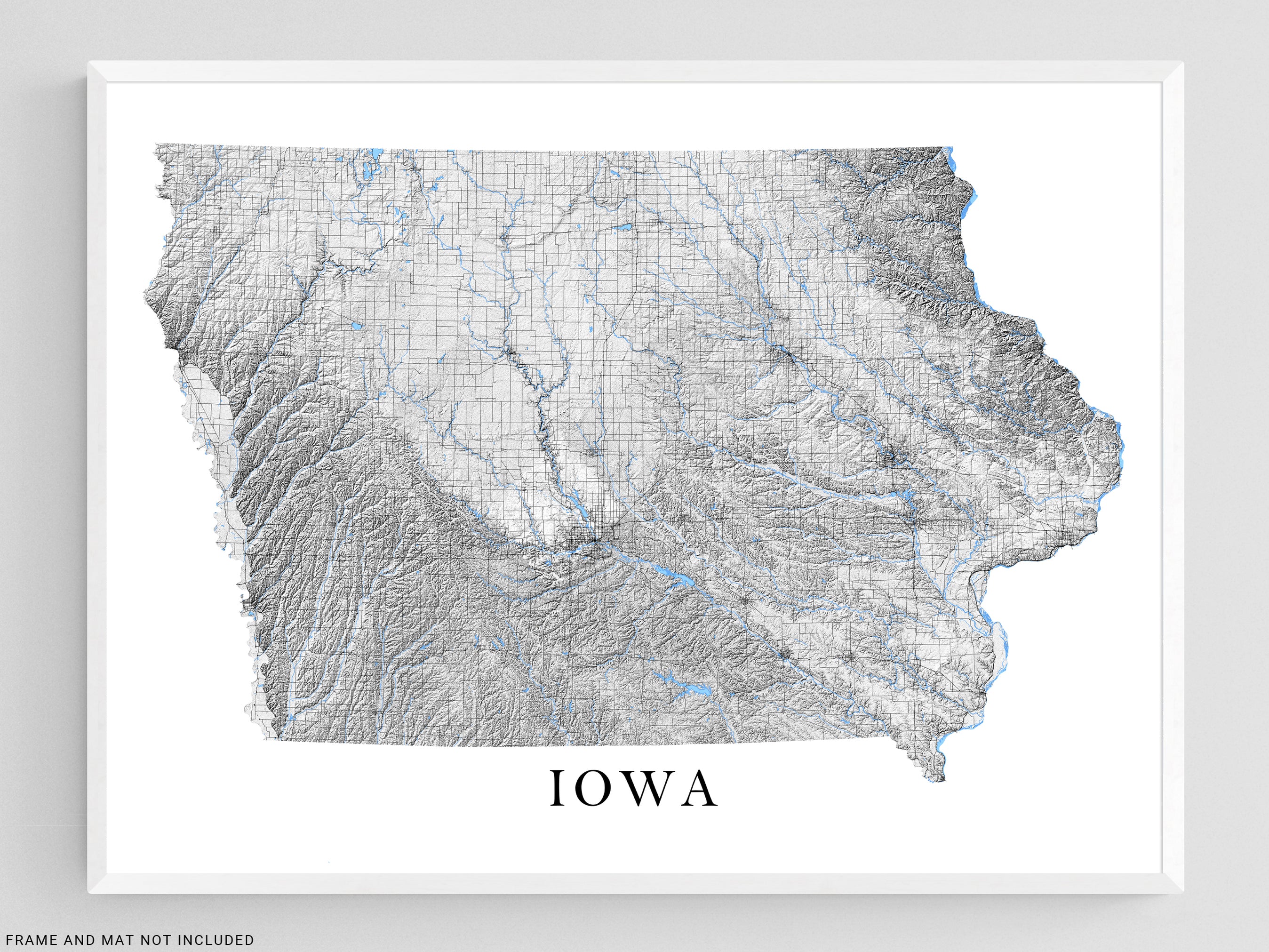 Iowa State Map Art Print Poster - Black and White Topographic Terrain ...