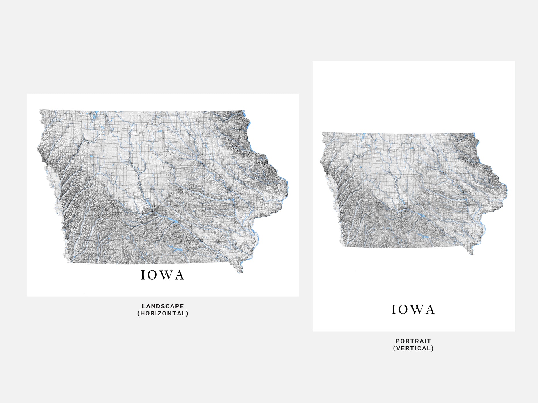 Iowa State Map Art Print Poster - Black and White Topographic Terrain ...
