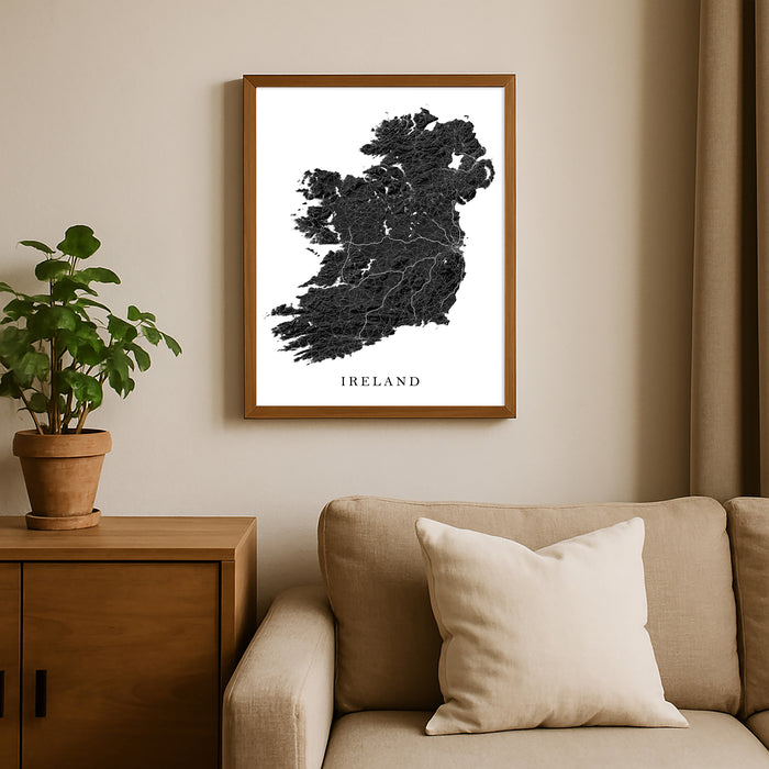 Framed map of Ireland on a wall above a sofa with a plant beside it.