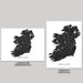 Two black and white maps of Ireland, one landscape and one portrait, on a gray background.