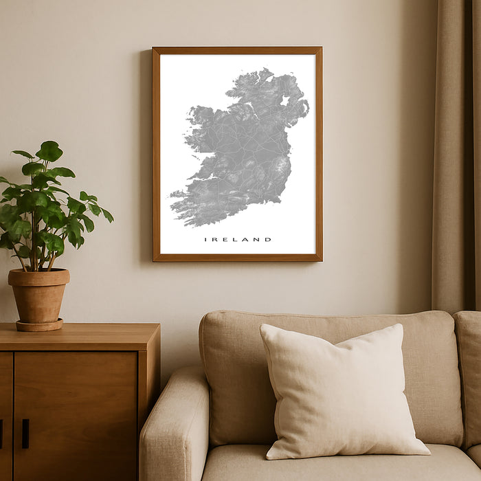 Framed map of Ireland on a wall above a beige sofa with a plant beside it.
