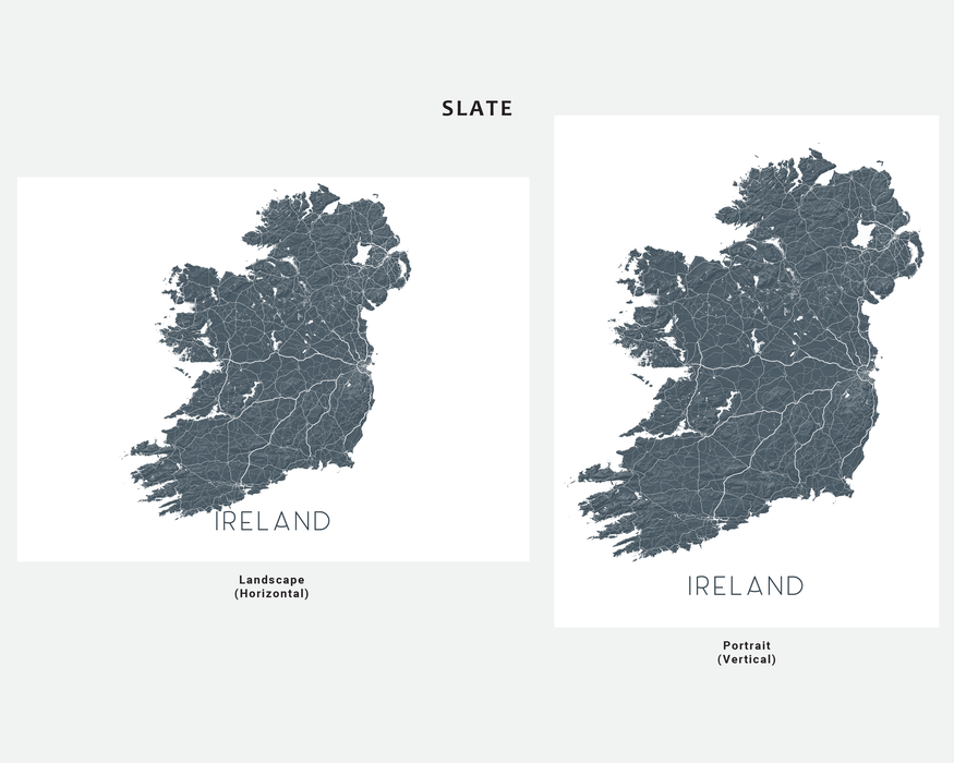 Two maps of Ireland in slate color with 'Slate' text above them on a white background.
