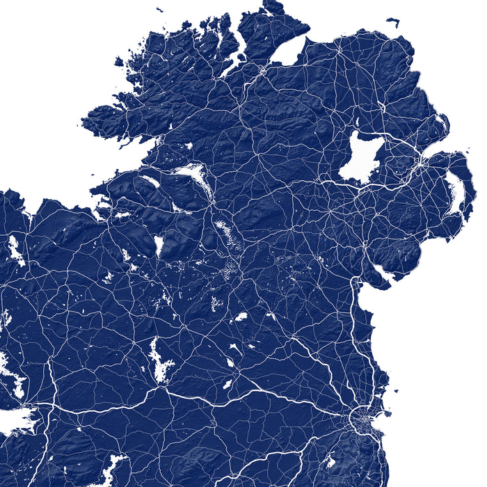 Map of Ireland with roads and boundaries in blue on a white background
