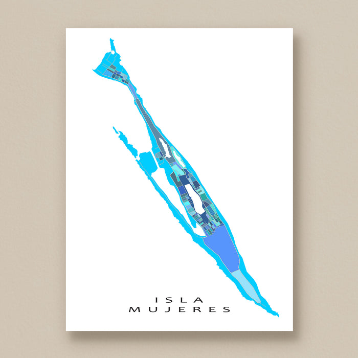 Map of Isla Mujeres with blue and green colors on a white background