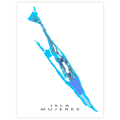 Map of Isla Mujeres in blue on a white background