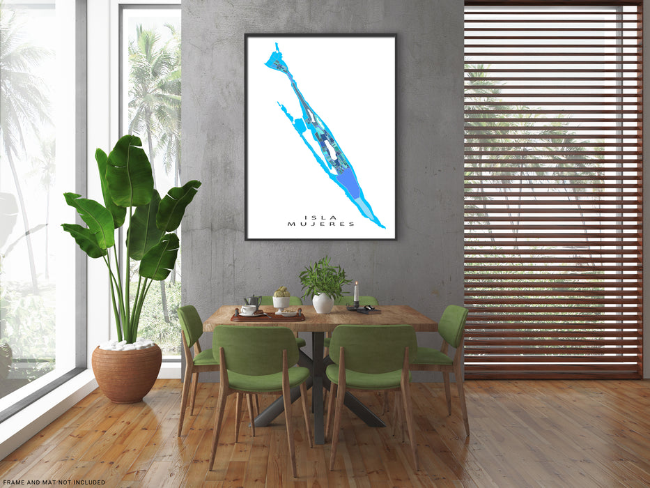 Isla Mujeres, Mexico map art print in blue, aqua and turquoise shapes designed by Maps As Art.