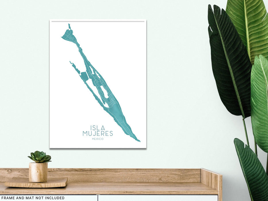 sla Mujeres, Mexico map print with a turquoise topographic design by Maps As Art.