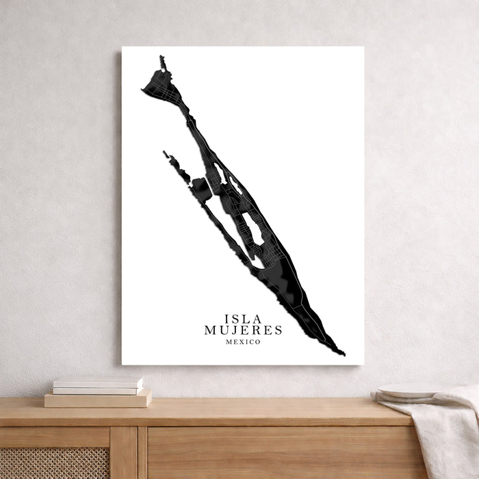 Black silhouette of a map with 'Isla Mujeres, Mexico' text on a white background