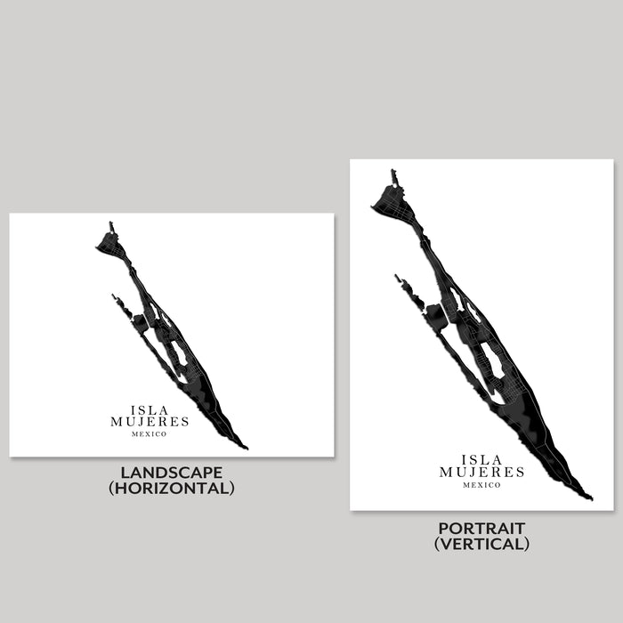 Two black and white posters of a map with 'Isla Mujeres, Mexico' text, one landscape and one portrait.