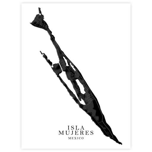 Black and white map of Isla Mujeres, Mexico on a white background