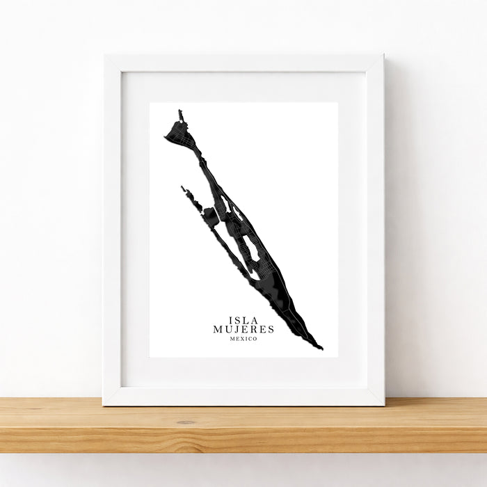Framed black and white silhouette map art print of Isla Mujeres Mexico on a white background