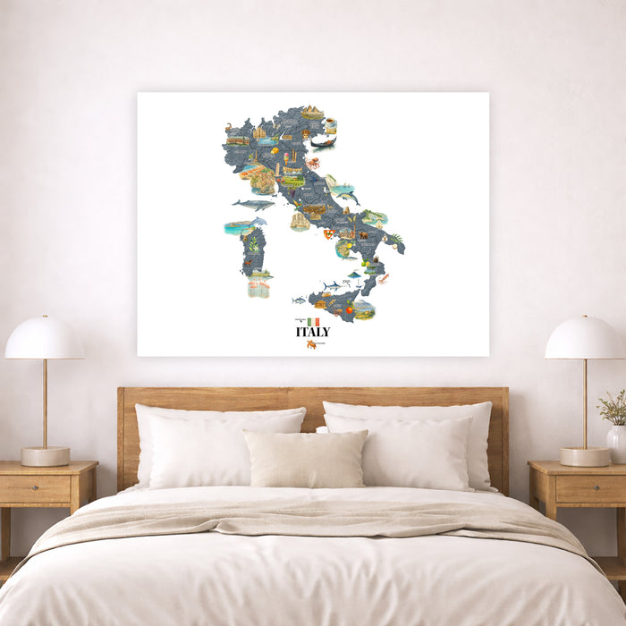 Map of Italy on a wall above a bed in a bedroom