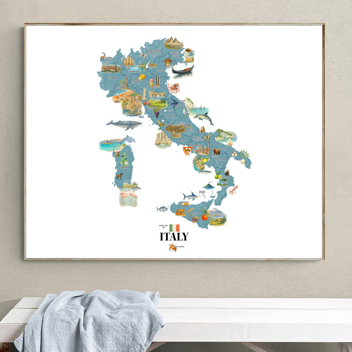 Framed map of Italy on a wall above a white bench.