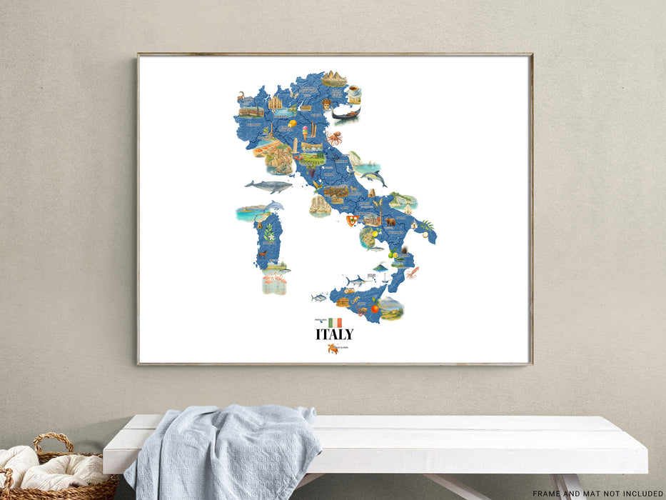Framed map of Italy on a wall above a white bench with a basket and towel.