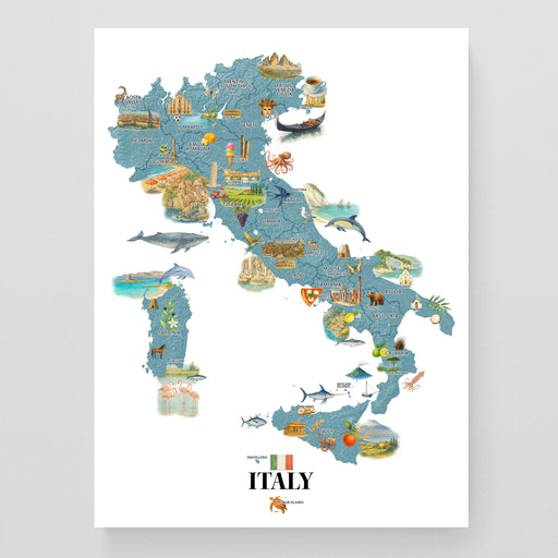 Map of Italy with various attractions on a white background