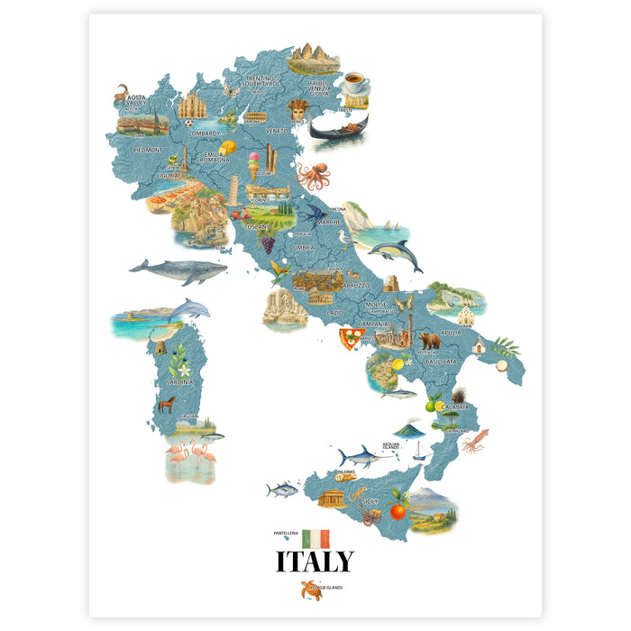 Illustrated map of Italy with various attractions on a white background