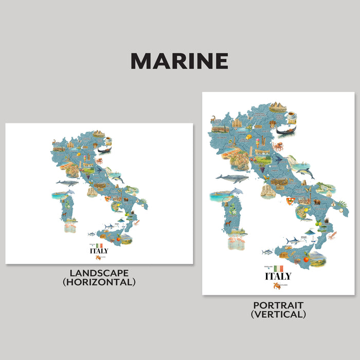 Two maps of Italy with different orientations on a gray background.