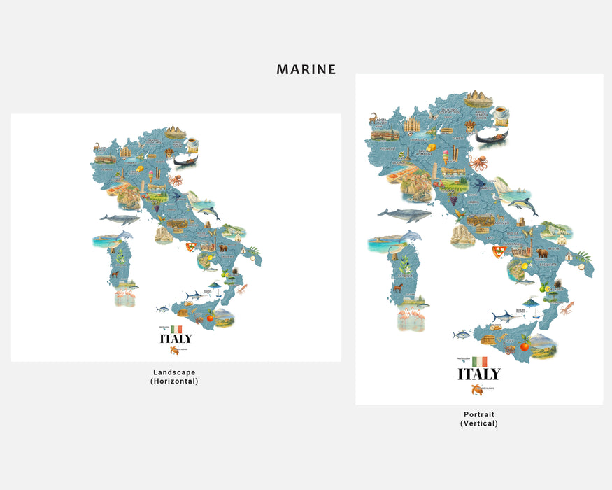 Two maps of Italy with different orientations on a white background.