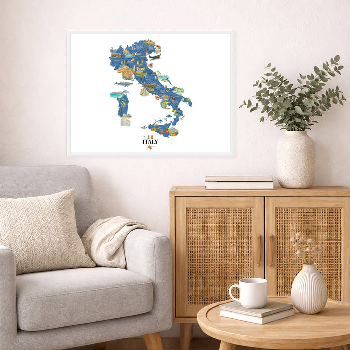 Living room with a map of Italy on the wall, a gray sofa, wooden cabinet, and decorative items.