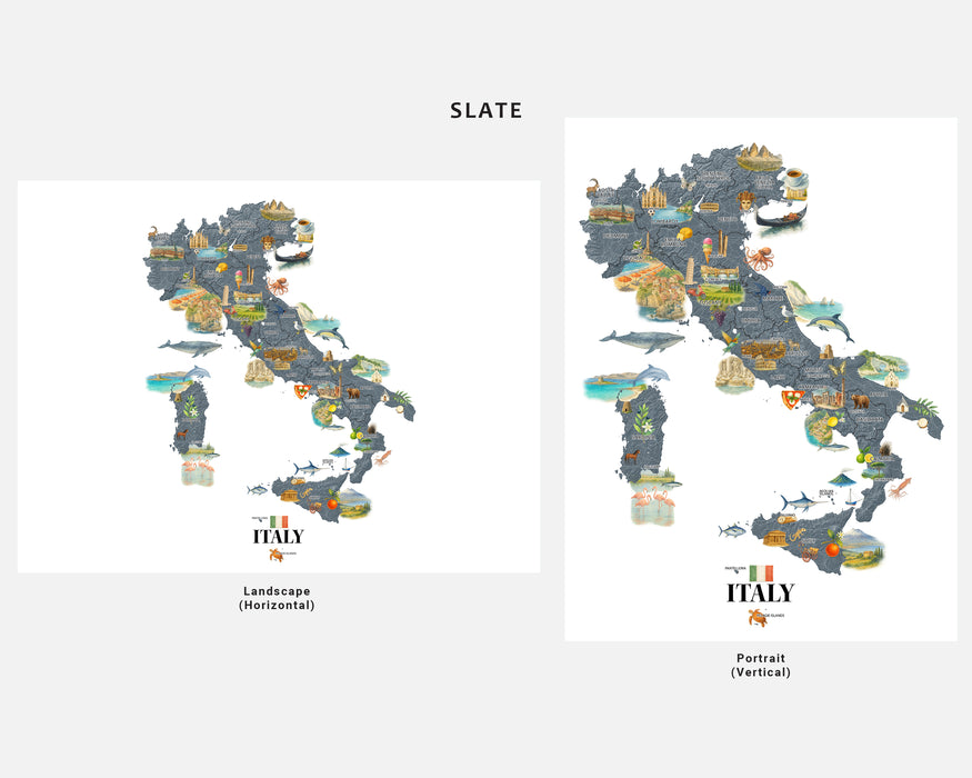Two maps of Italy with different orientations on a white background.