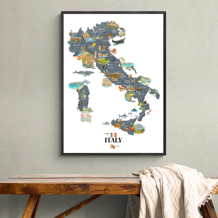 Framed map of Italy on a wall above a wooden bench.