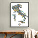 Framed map of Italy on a wall above a wooden bench.