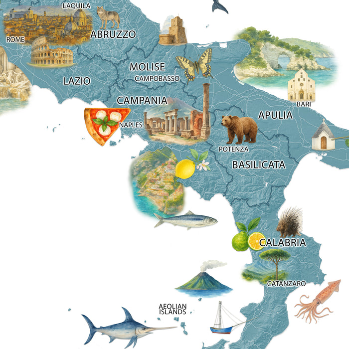 Map of Italy with various regions labeled and icons representing landmarks and culture.