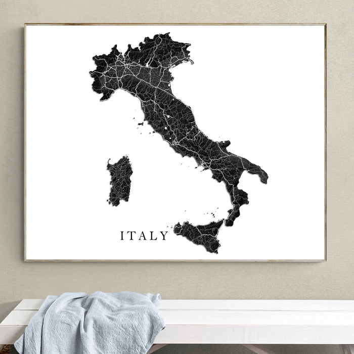 Italy Topographic Map Print: Black and White Country Wall Art Poster, Rome Venice Florence Milan
