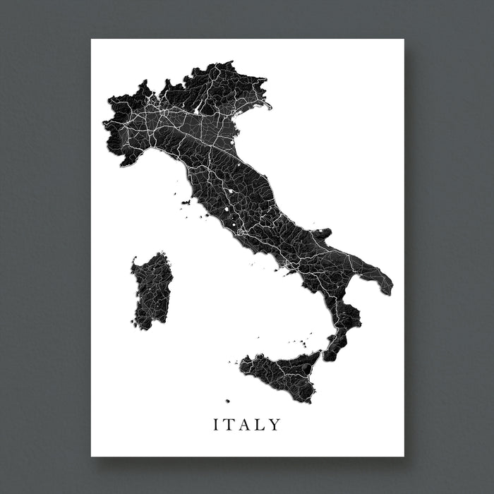Map of Italy with black roads on a white background