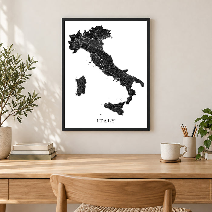 Italy Topographic Map Print: Black and White Country Wall Art Poster, Rome Venice Florence Milan