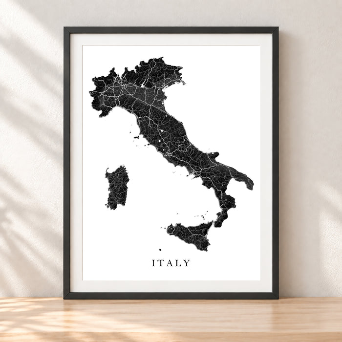 Italy Topographic Map Print: Black and White Country Wall Art Poster, Rome Venice Florence Milan