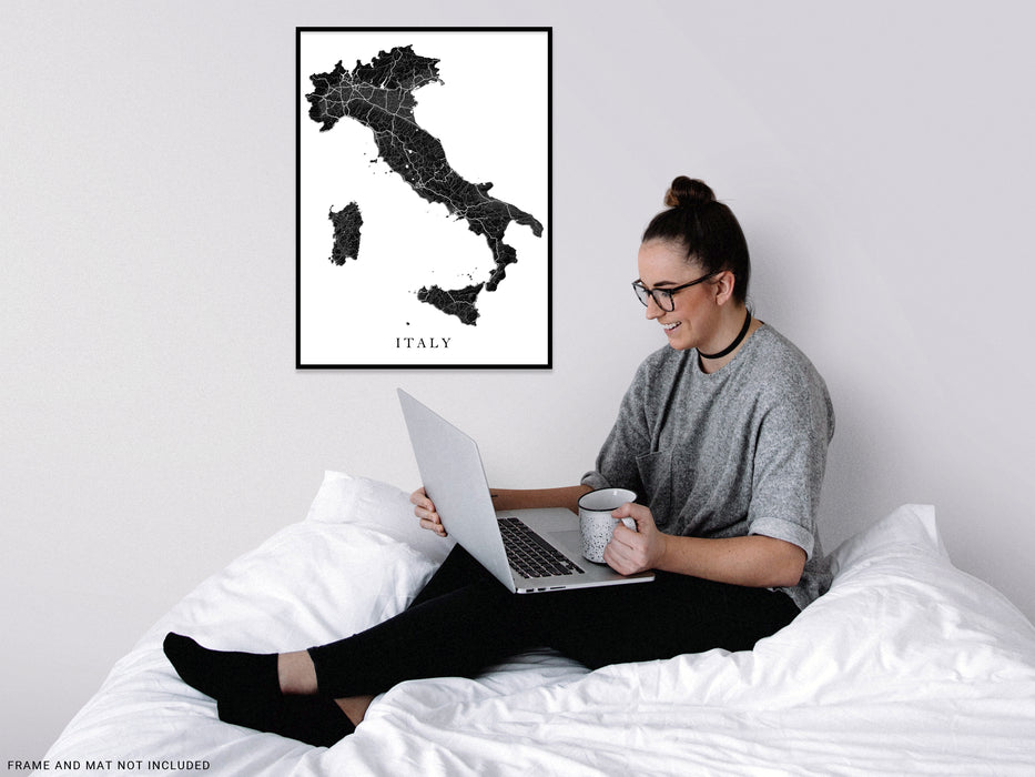 Italy map print with black and white topography by Maps As Art.