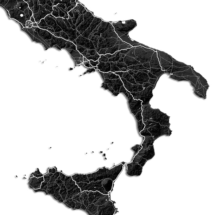 Map of Sicily in black and white with detailed coastlines.