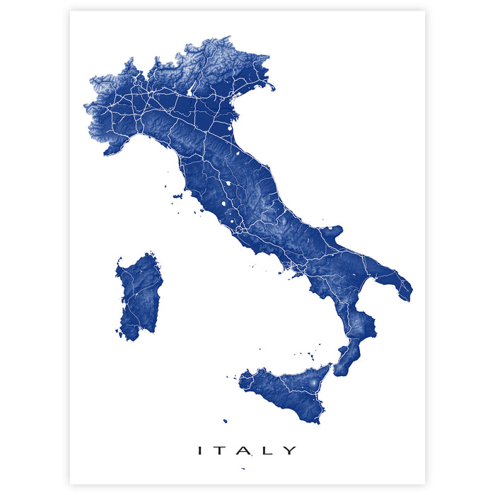 Italy Map Wall Art Print: Topographic Country Road Maps, Rome Milan Florence Venice Sicily Capri