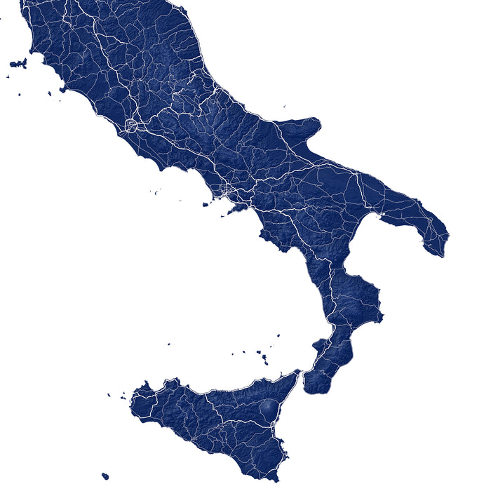 Map of Italy with roads and boundaries in blue on a white background