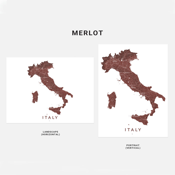 Two maps of Italy in landscape and portrait orientations with 'Merlot' color on a white background.