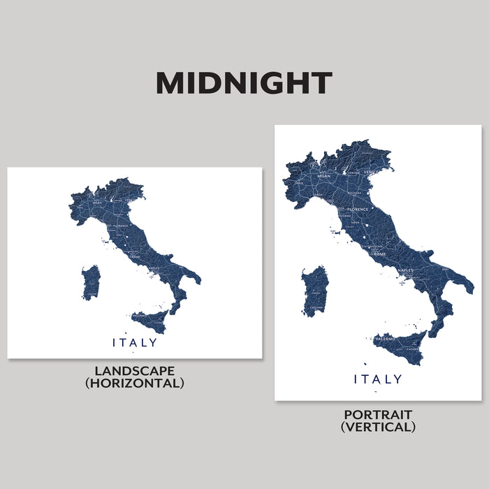 Two map prints of Italy, one landscape and one portrait, on a gray background.