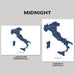 Two map prints of Italy, one landscape and one portrait, on a gray background.