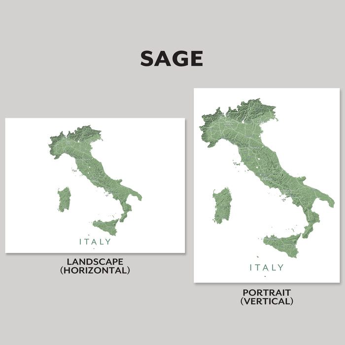 Two maps of Italy labeled 'Landscape (Horizontal)' and 'Portrait (Vertical)' on a gray background.