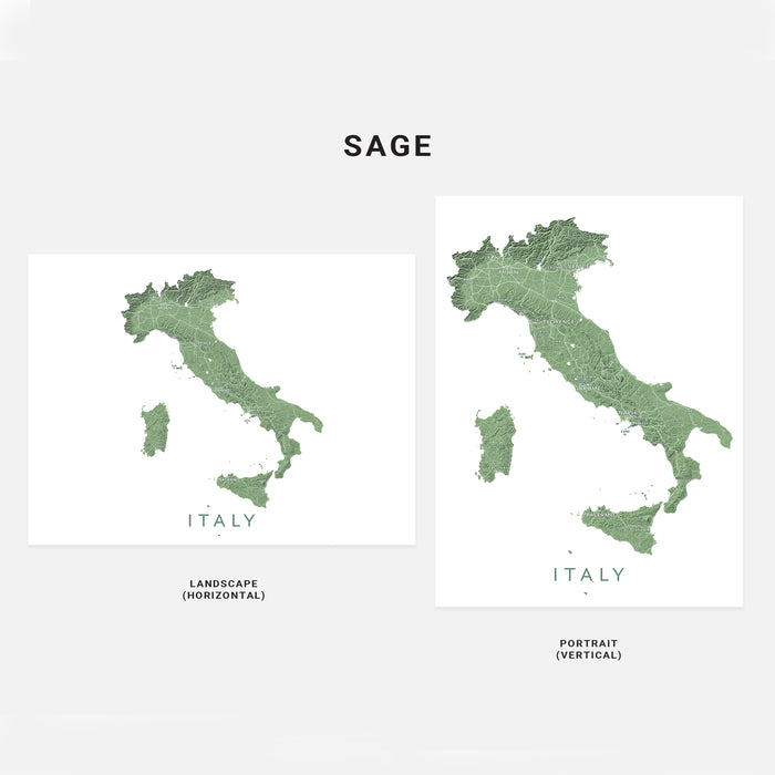 Two maps of Italy in green on white backgrounds with 'SAGE' branding.