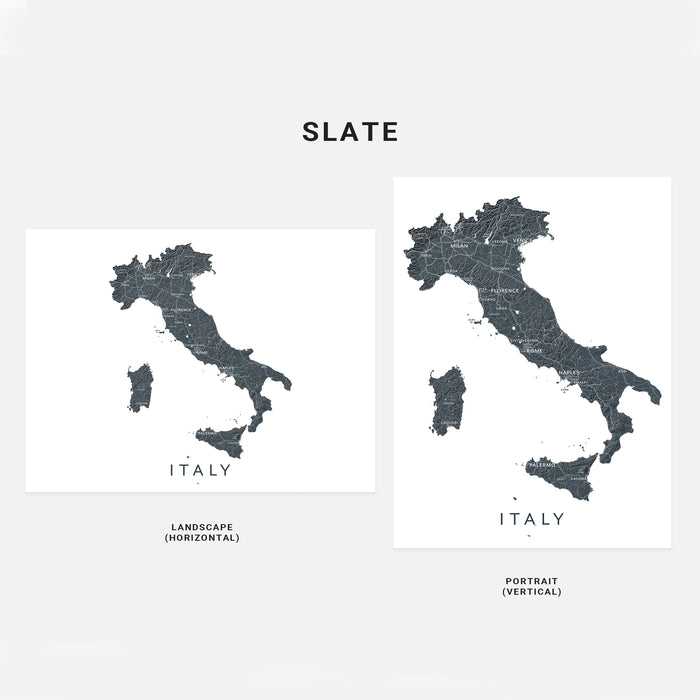Two map designs of Italy labeled 'Landscape' and 'Portrait' on a white background.