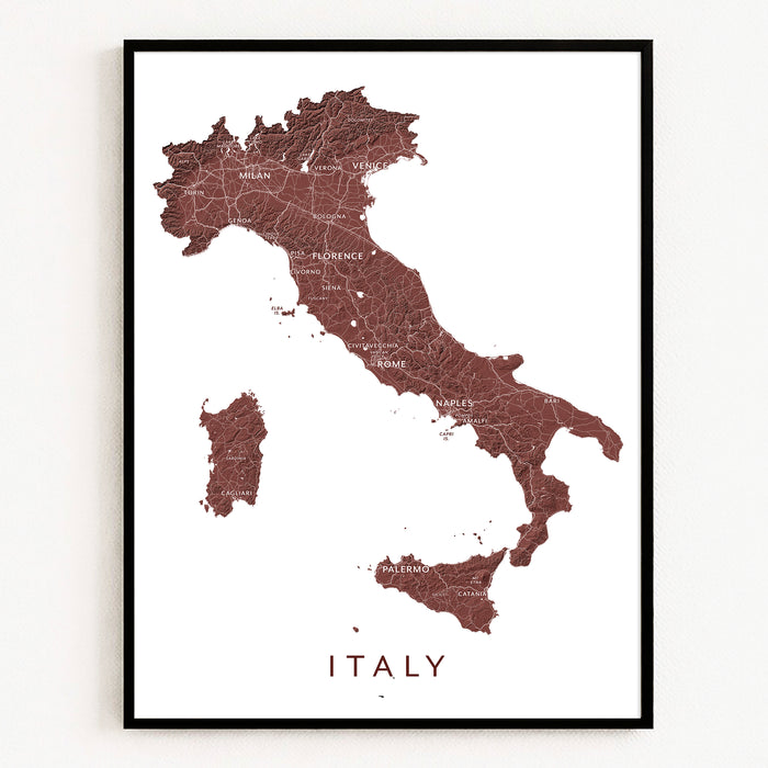 Framed map of Italy on a white background